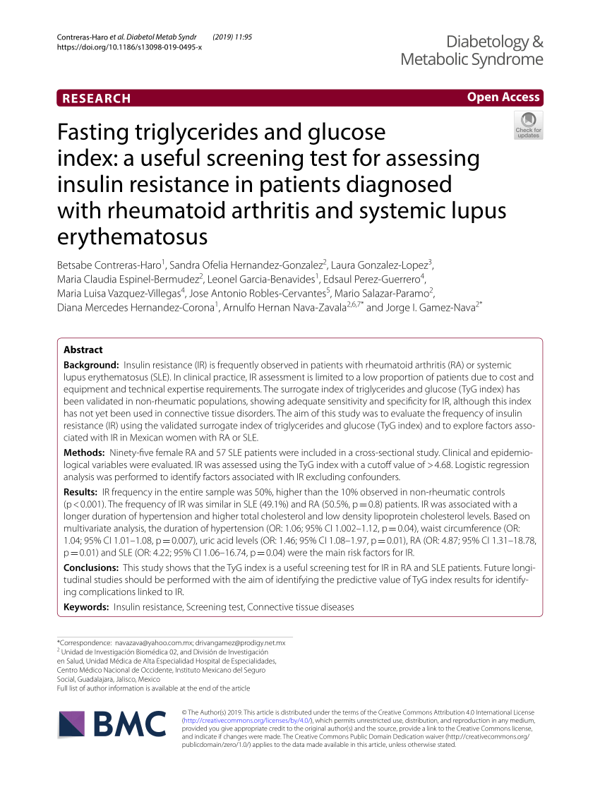 PDF) Fasting triglycerides and glucose index: a useful screening test for  assessing insulin resistance in patients diagnosed with rheumatoid  arthritis and systemic lupus erythematosus