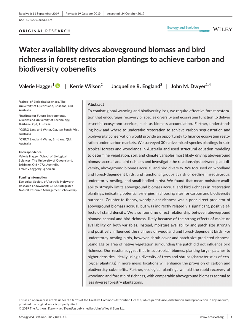 Pdf Water Availability Drives Aboveground Biomass And Bird Richness In Forest Restoration Plantings To Achieve Carbon And Biodiversity Cobenefits