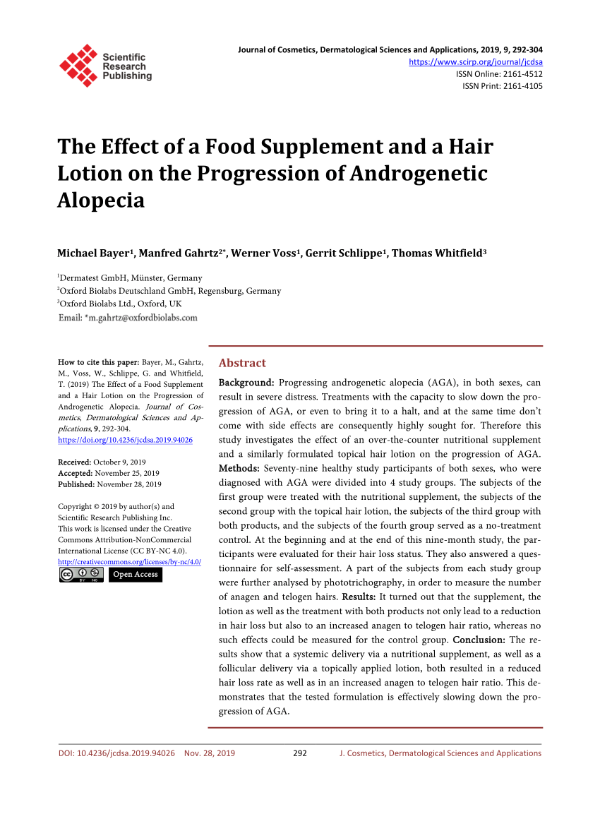 PDF) The Effect of a Food Supplement and a Hair Lotion on the Progression  of Androgenetic Alopecia