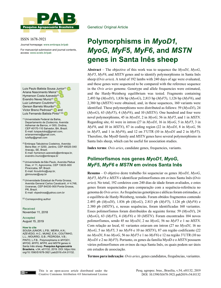 Pdf Polymorphisms In Myod1 Myog Myf5 Myf6 And Mstn Genes In Santa Ines Sheep