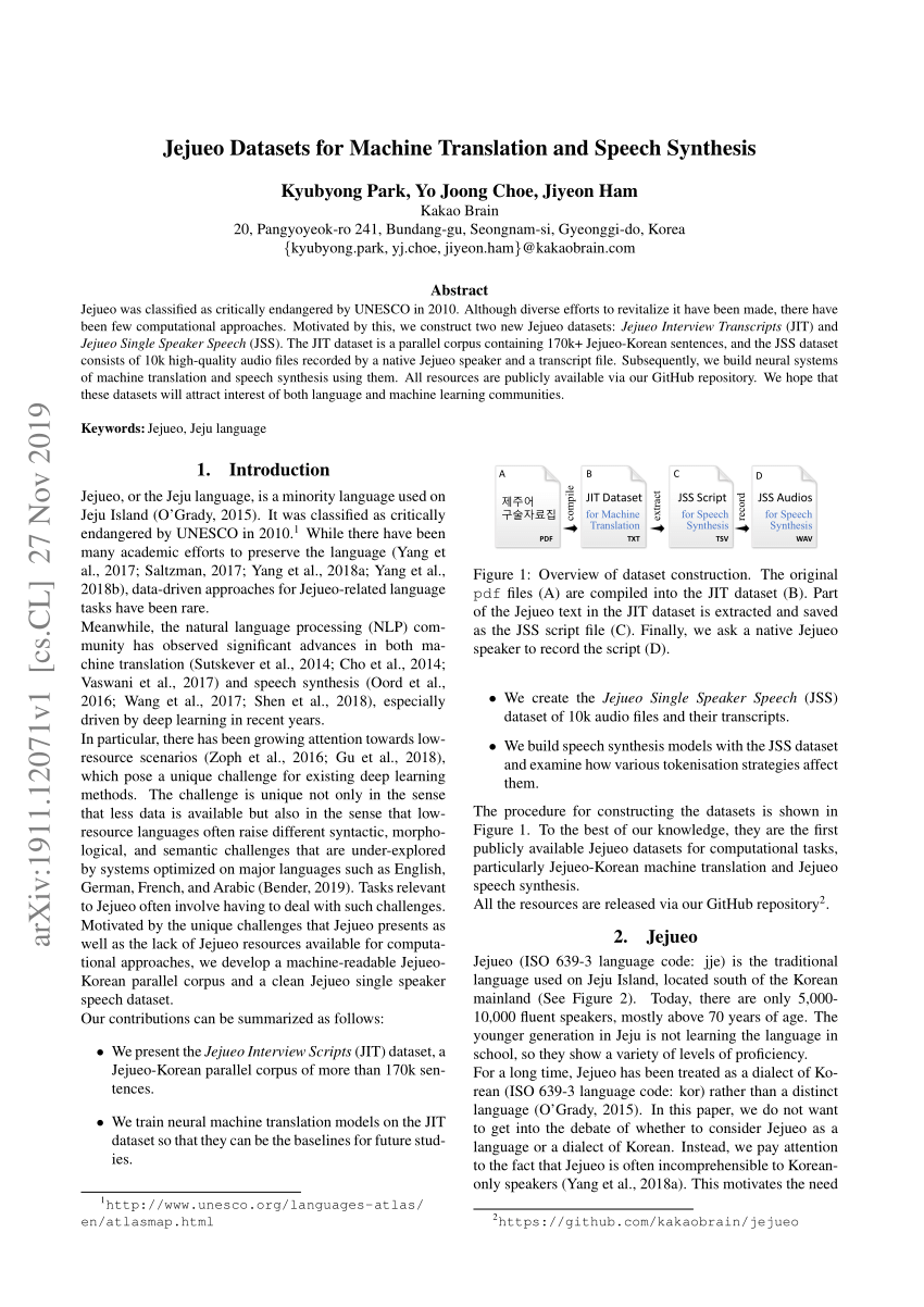 Pdf Jejueo Datasets For Machine Translation And Speech Synthesis