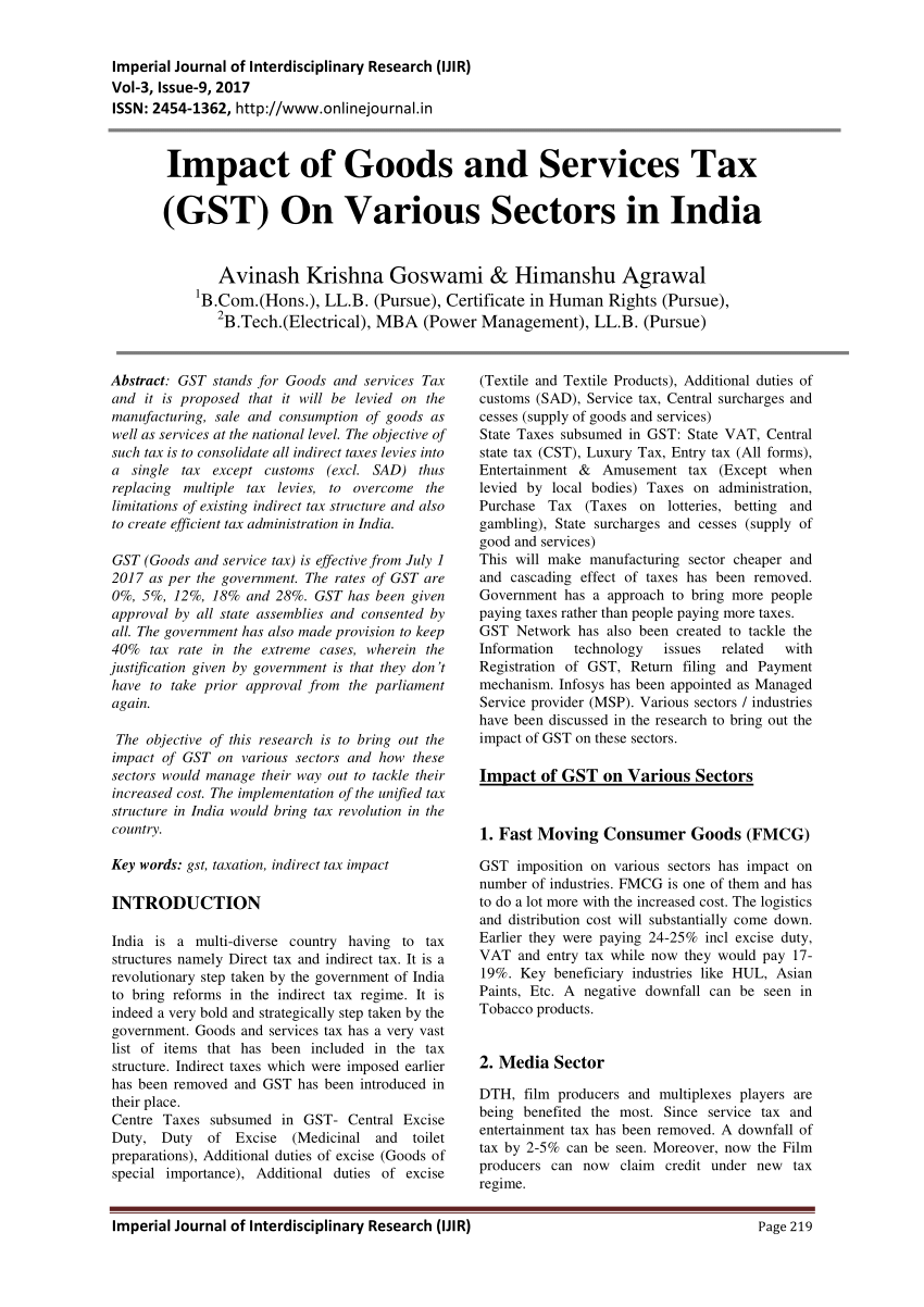 research paper on impact of gst on indian economy