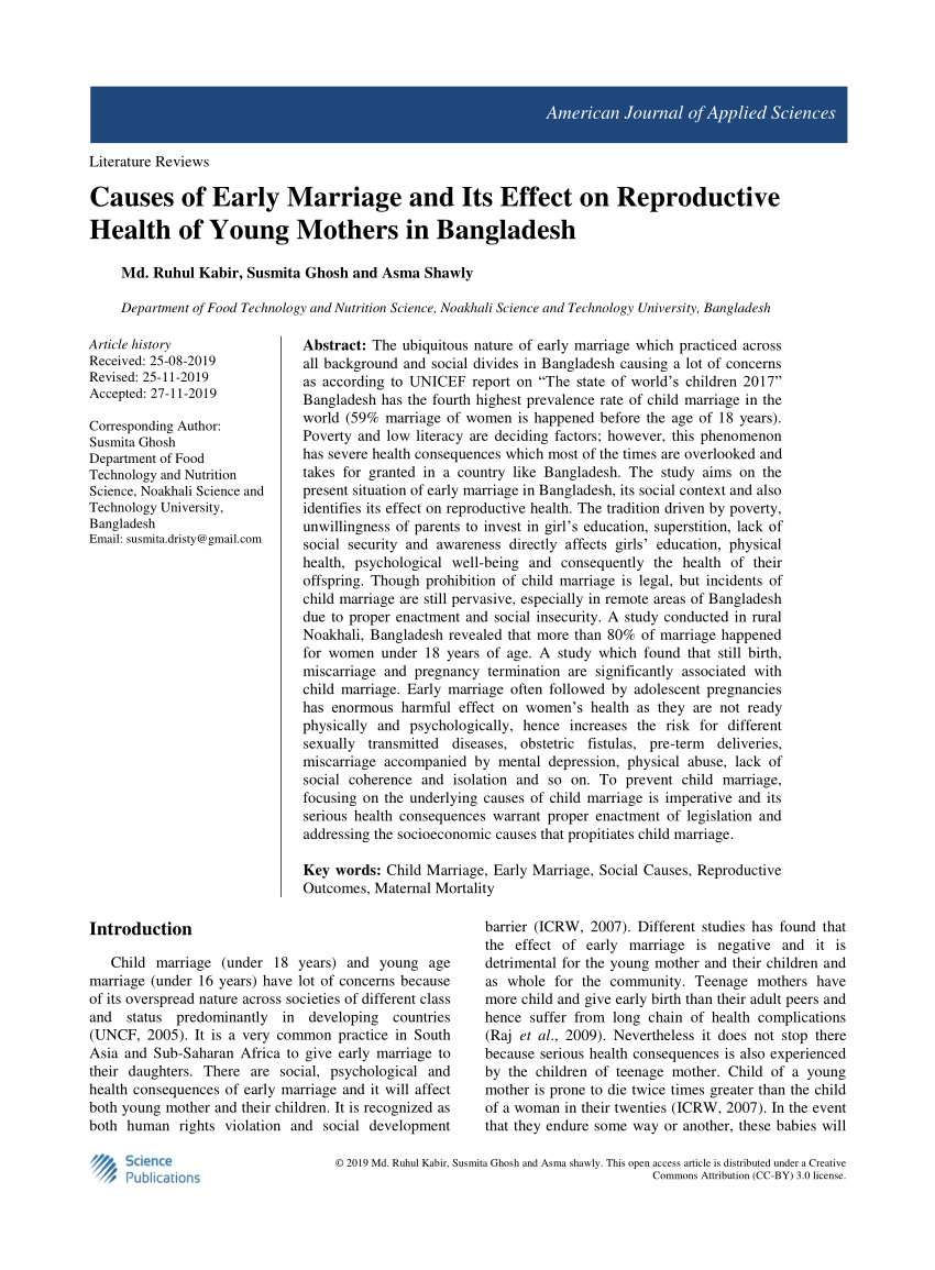 Pdf Causes Of Early Marriage And Its Effect On Reproductive Health Of Young Mothers In Bangladesh 