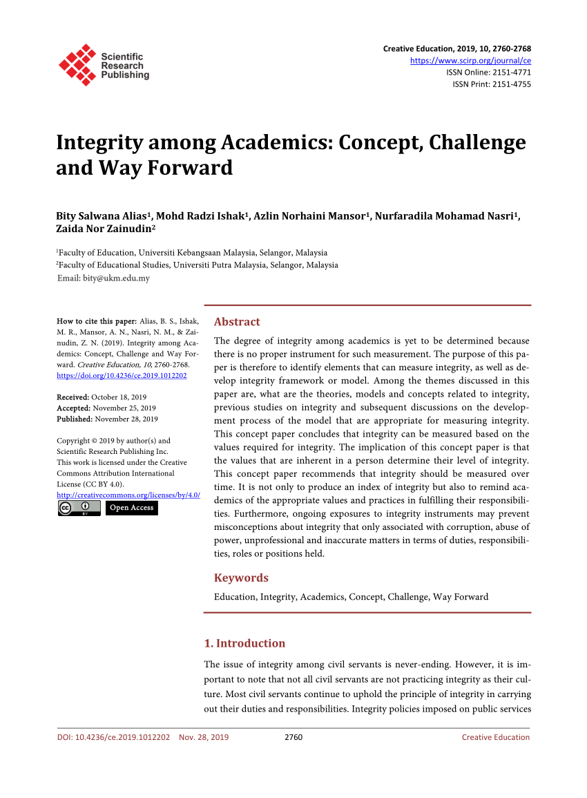 Pdf Integrity Among Academics Concept Challenge And Way Forward