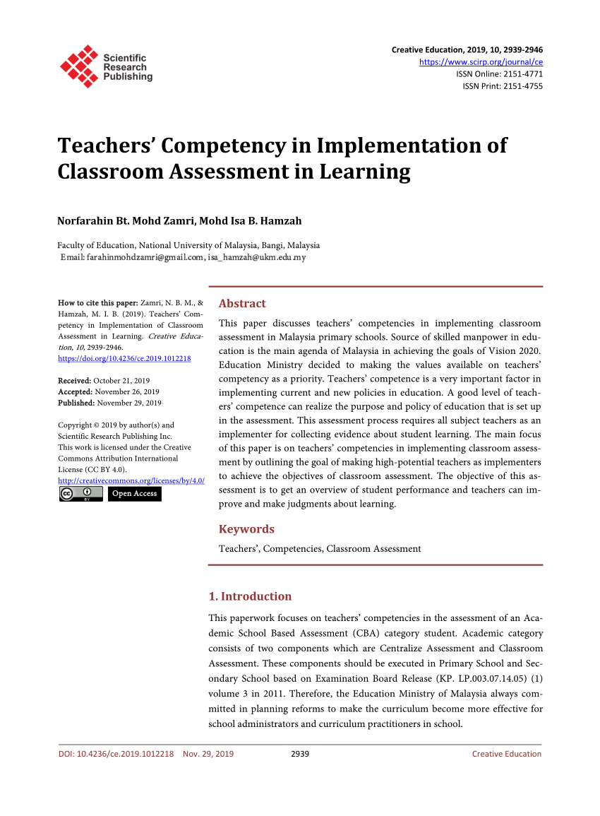 PDF) Teachers' Competency in Implementation of Classroom Assessment in  Learning