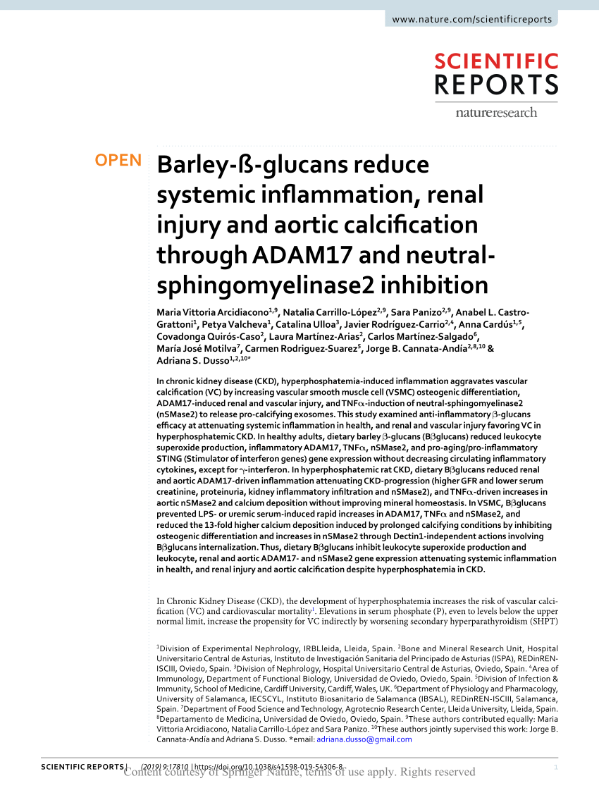 Forsendelse hastighed Ooze PDF) Barley-ß-glucans reduce systemic inflammation, renal injury and aortic  calcification through ADAM17 and neutral-sphingomyelinase2 inhibition