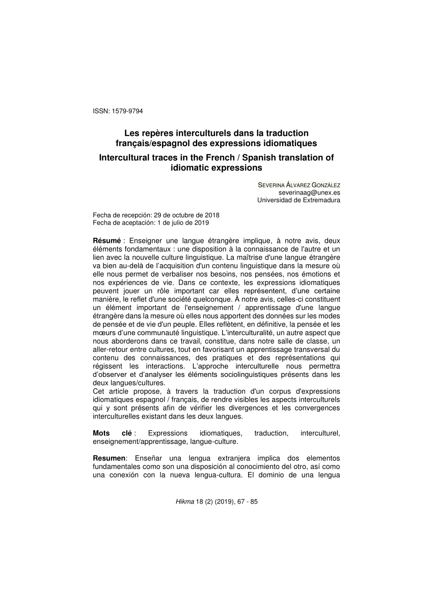 Pdf Les Reperes Interculturels Dans La Traduction Francais Espagnol Des Expressions Idiomatiques