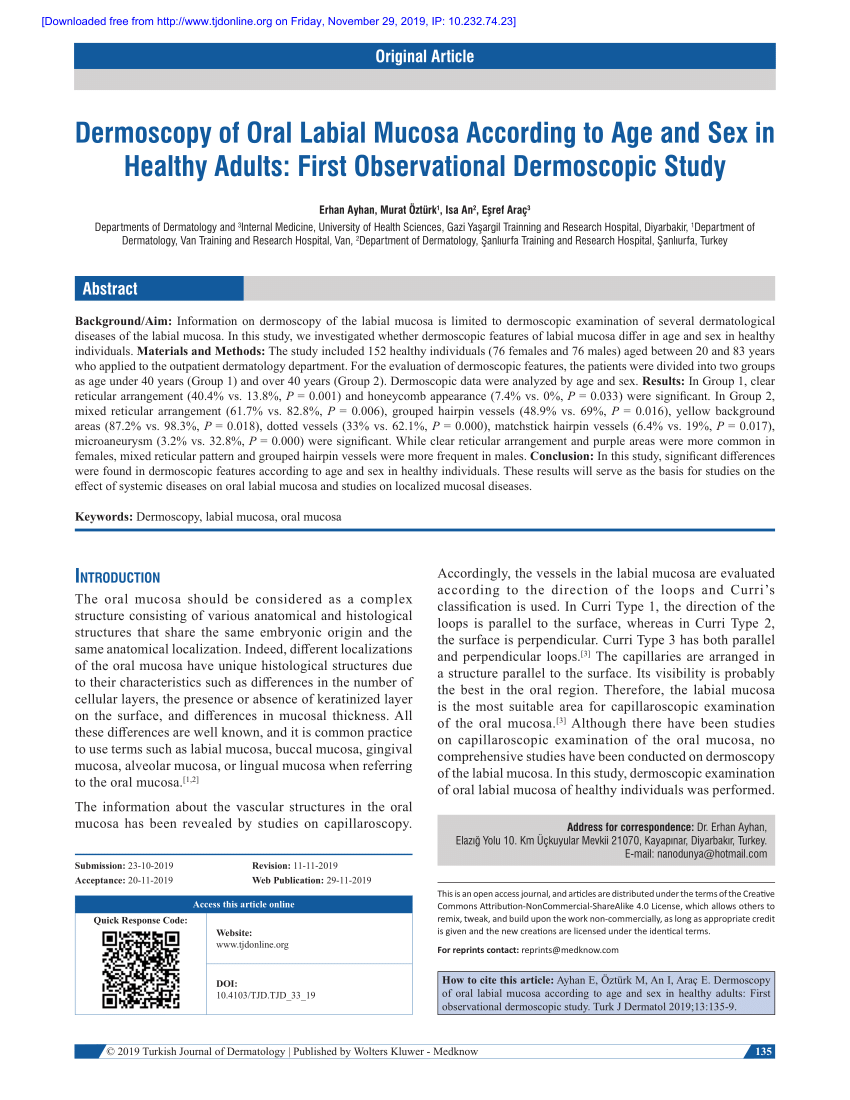 Pdf Dermoscopy Of Oral Labial Mucosa According To Age And Sex In Healthy Adults First