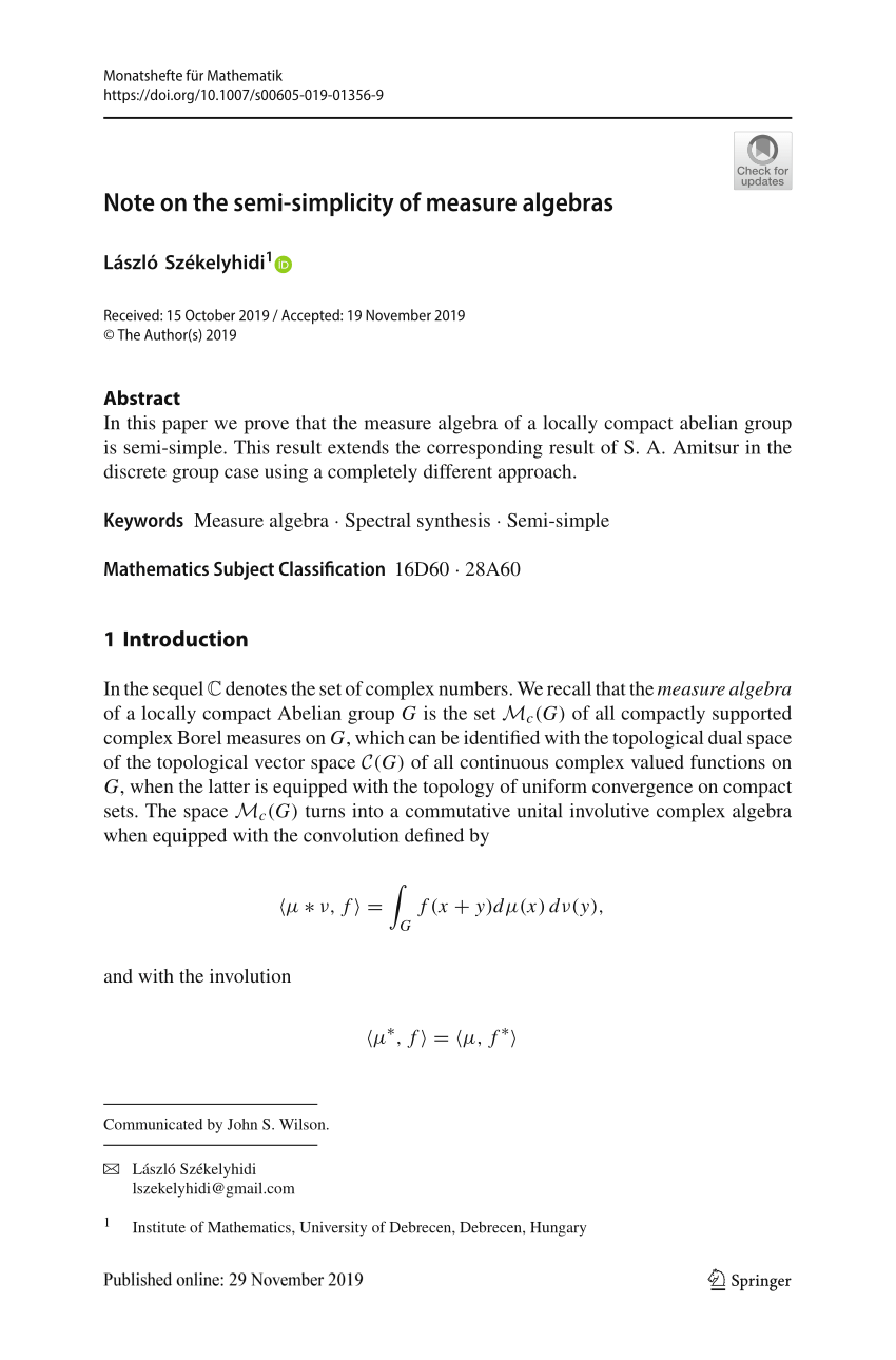 Pdf Note On The Semi Simplicity Of Measure Algebras