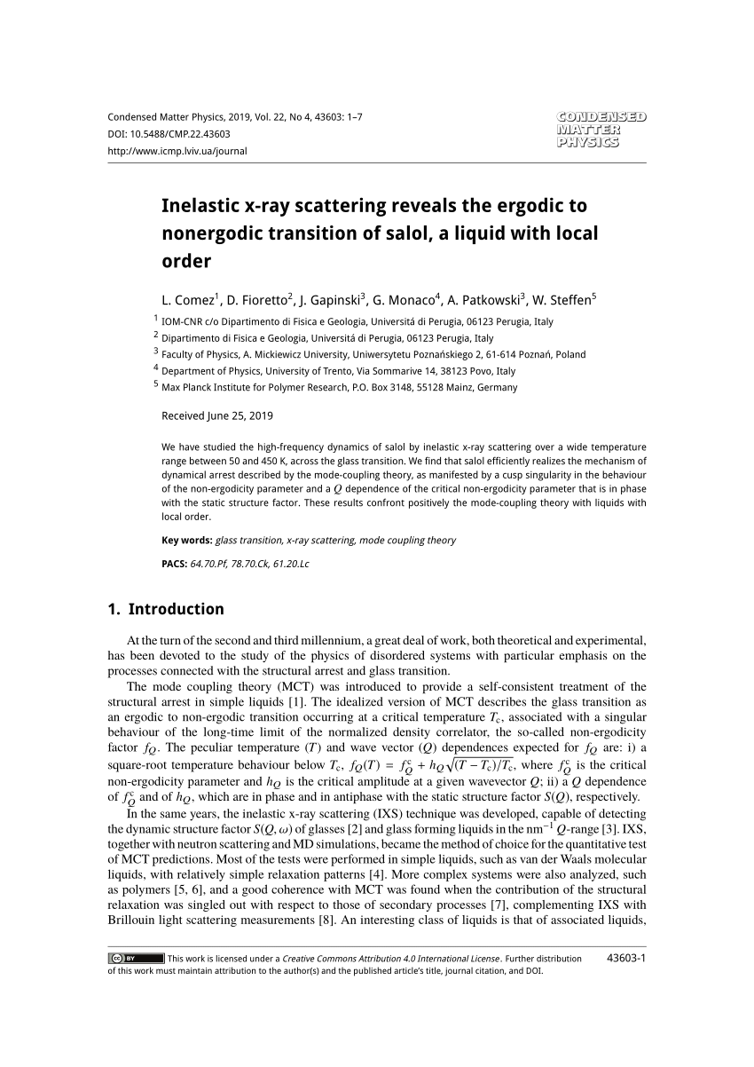 Pdf Inelastic X Ray Scattering Reveals The Ergodic To Nonergodic Transition Of Salol A Liquid With Local Order
