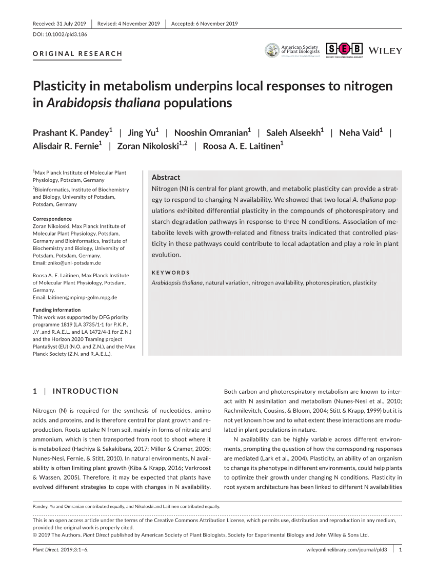 Pdf Plasticity In Metabolism Underpins Local Responses To Nitrogen In Arabidopsis Thaliana Populations