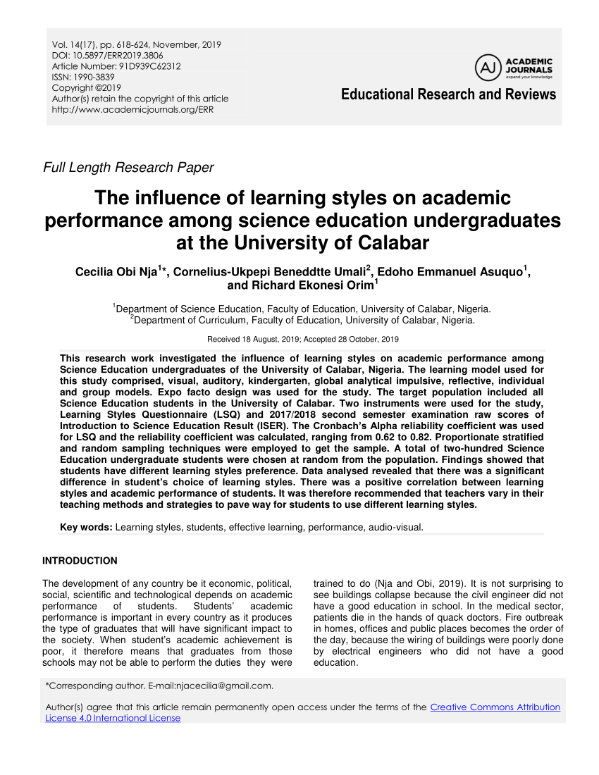 research on learning styles and academic performance pdf