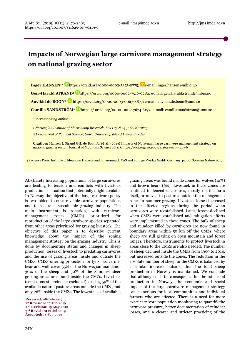 Pdf Impacts Of Norwegian Large Carnivore Management Strategy On National Grazing Sector