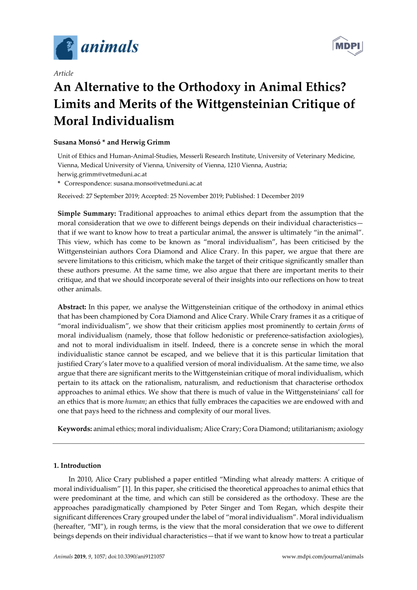 PDF) An Alternative to the Orthodoxy in Animal Ethics? Limits and Merits of  the Wittgensteinian Critique of Moral Individualism
