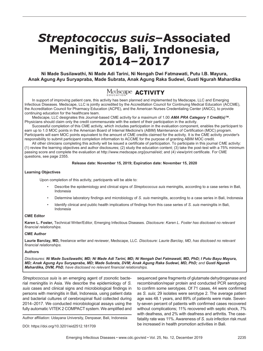 PDF Streptococcus suis Associated Meningitis Bali Indonesia  