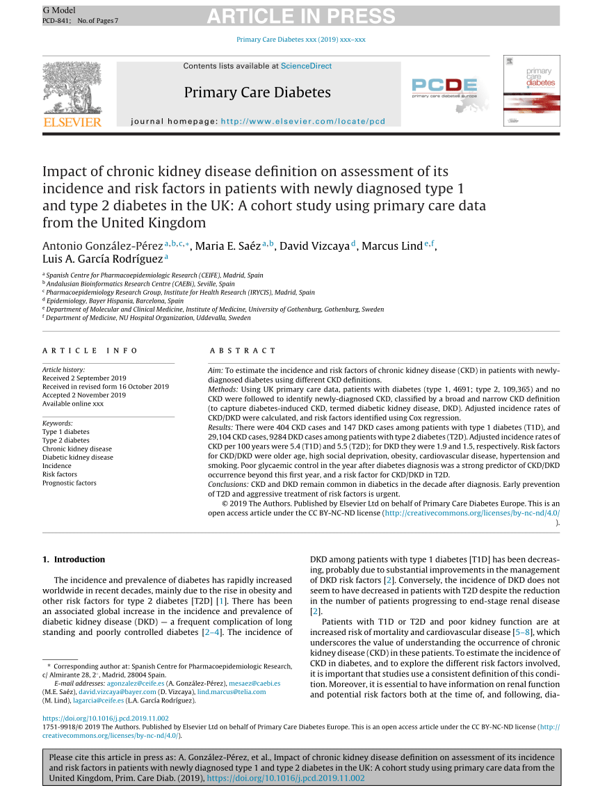 PDF) Impact of chronic kidney disease definition on assessment of its  incidence and risk factors in patients with newly diagnosed type 1 and type  2 diabetes in the UK: A cohort study