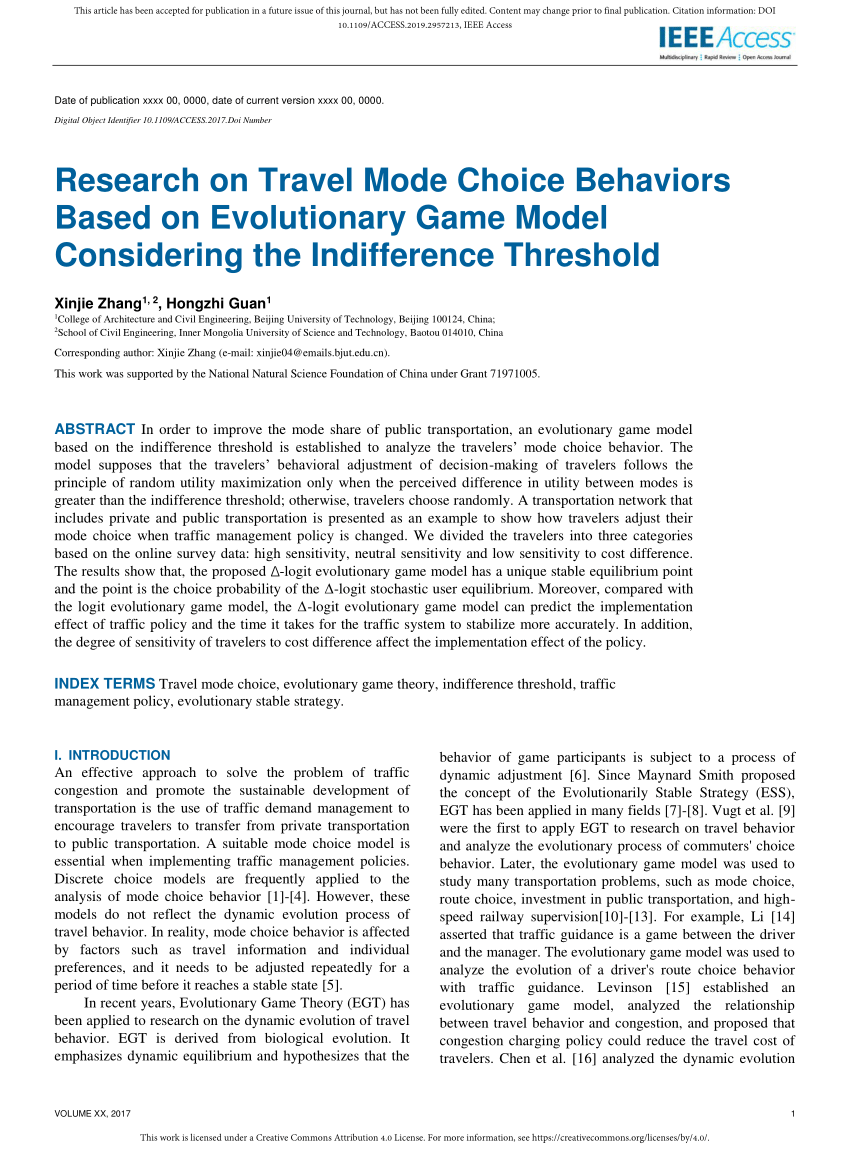 Pdf Research On Travel Mode Choice Behaviors Based On Evolutionary Game Model Considering The Indifference Threshold