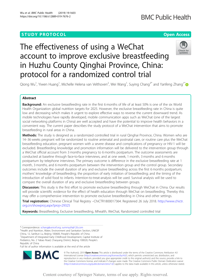 PDF) The effectiveness of using a WeChat account to improve exclusive  breastfeeding in Huzhu County Qinghai Province, China: protocol for a  randomized control trial