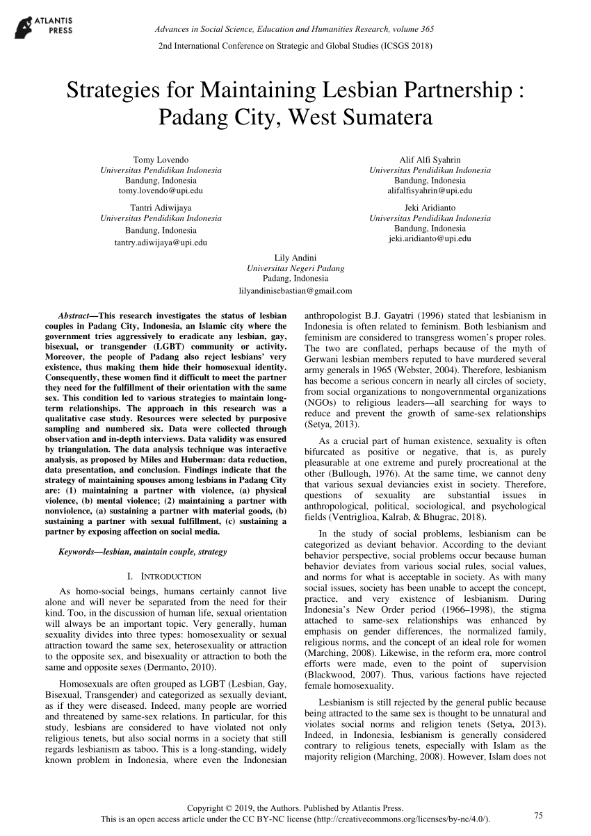 PDF) Strategies for Maintaning Lesbian Partnership : Padang City, West  Sumatra