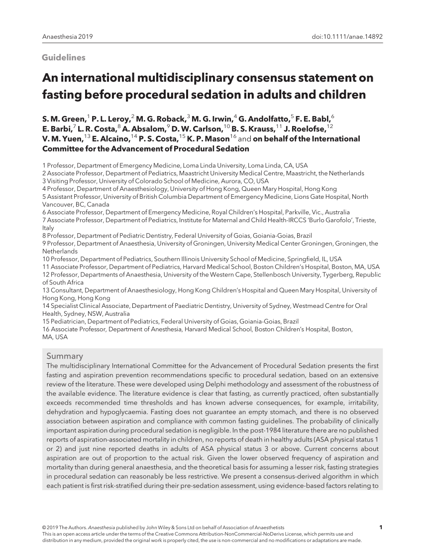 Pdf An International Multidisciplinary Consensus Statement On Fasting Before Procedural 4759