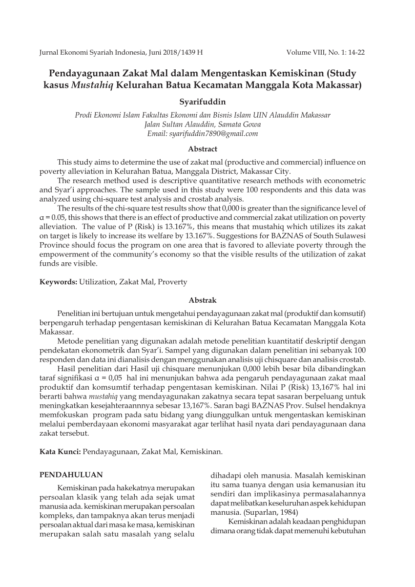 Pdf Pendayagunaan Zakat Mal Dalam Mengentaskan Kemiskinan Study Kasus Mustahiq Kelurahan Batua Kecamatan Manggala Kota Makassar