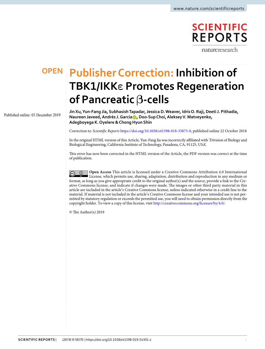 Pdf Publisher Correction Inhibition Of Tbk1 Ikke Promotes Regeneration Of Pancreatic B Cells