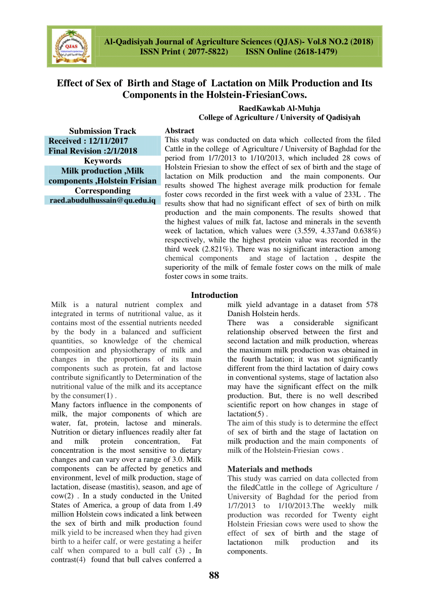 Pdf Effect Of Sex Of Birth And Stage Of Lactation On Milk Production