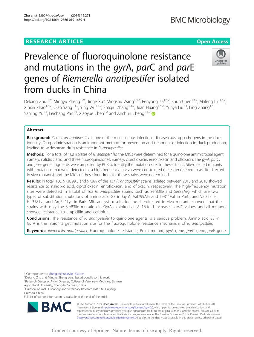 cigar Omsorg visuel PDF) Prevalence of fluoroquinolone resistance and mutations in the gyrA,  parC and parE genes of Riemerella anatipestifer isolated from ducks in China