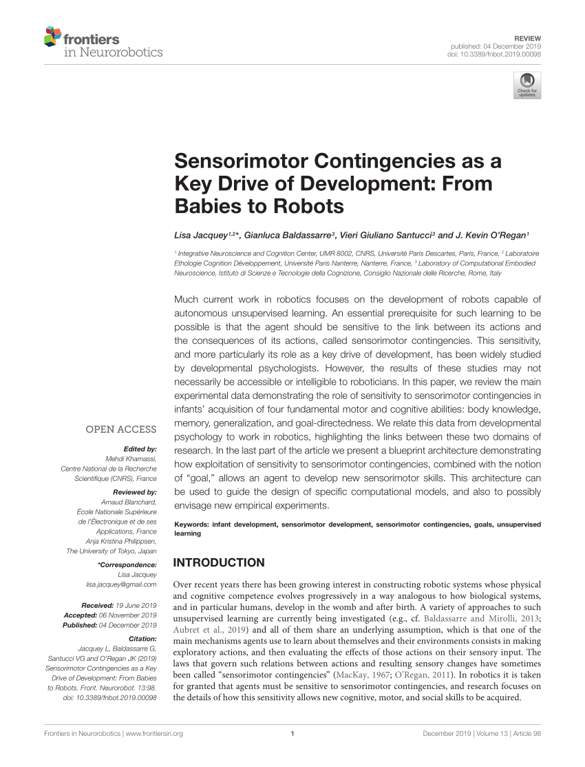 Pdf Sensorimotor Contingencies As A Key Drive Of Development From Babies To Robots