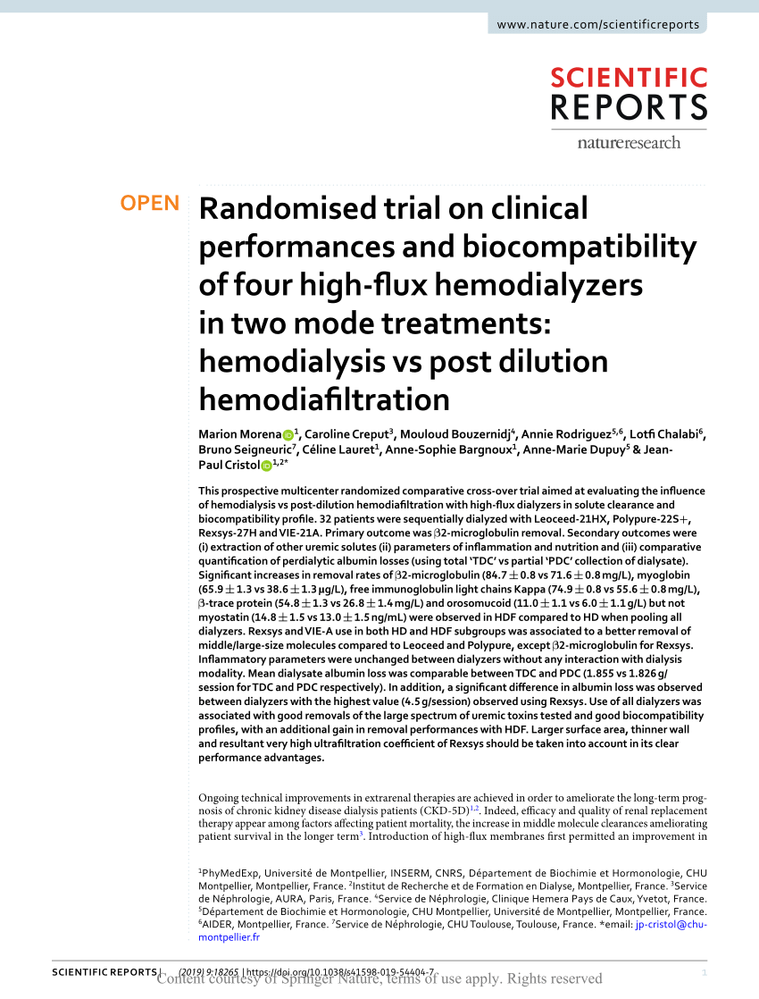 (PDF) Randomised trial on clinical performances and biocompatibility of  four high-flux hemodialyzers in two mode treatments: hemodialysis vs post  dilution hemodiafiltration