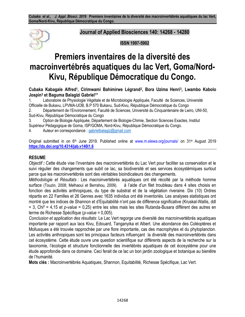Pdf Premiers Inventaires De La Diversite Des Macroinvertebres Aquatiques Du Lac Vert Goma Nord Kivu Republique Democratique Du Congo