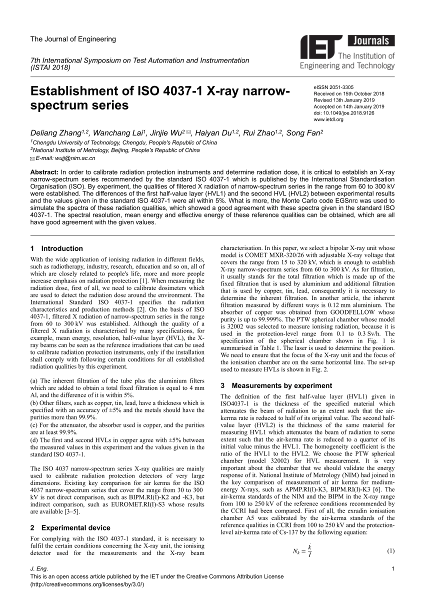 Pdf Establishment Of Iso 4037 1 X Ray Narrow Spectrum Series