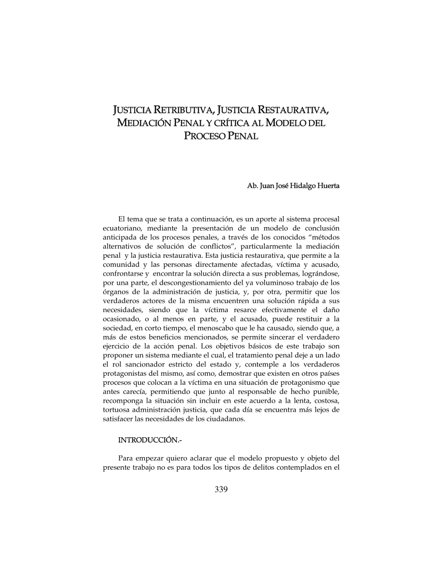 PDF) JUSTICIA RETRIBUTIVA, JUSTICIA RESTAURATIVA, MEDIACIÓN PENAL Y CRÍTICA  AL MODELO DEL PROCESO PENAL