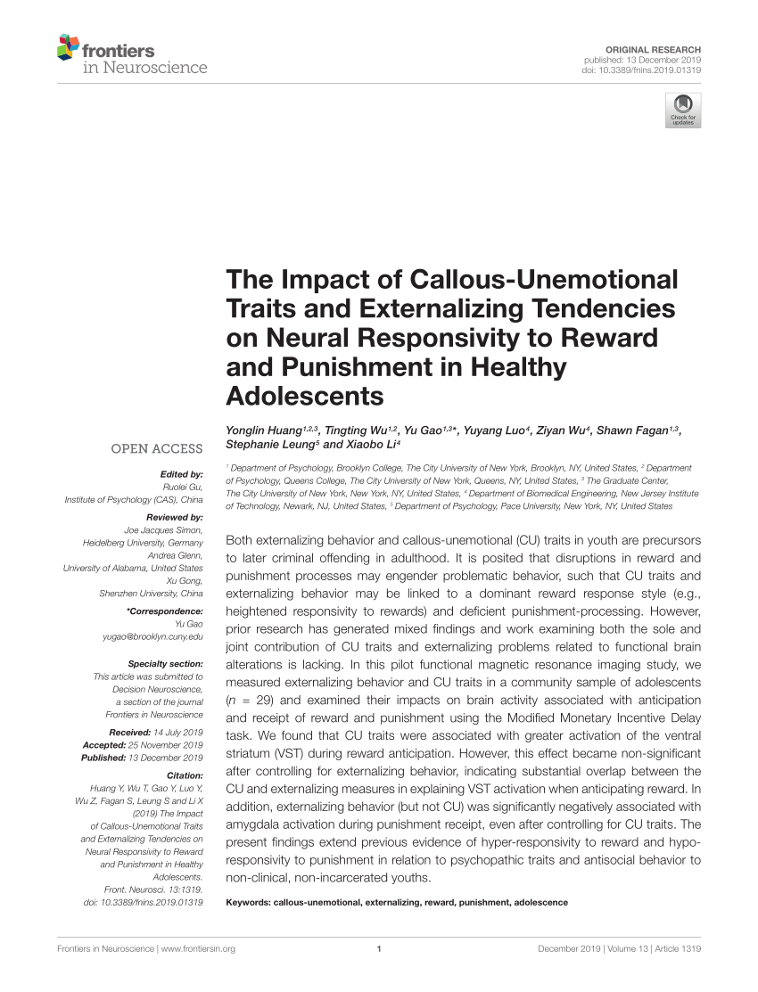 Pdf The Impact Of Callous Unemotional Traits And Externalizing Tendencies On Neural Responsivity To Reward And Punishment In Healthy Adolescents
