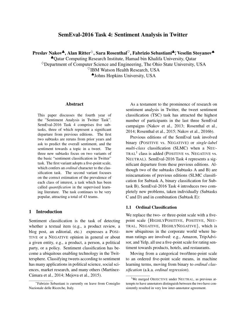 Pdf Semeval 16 Task 4 Sentiment Analysis In Twitter