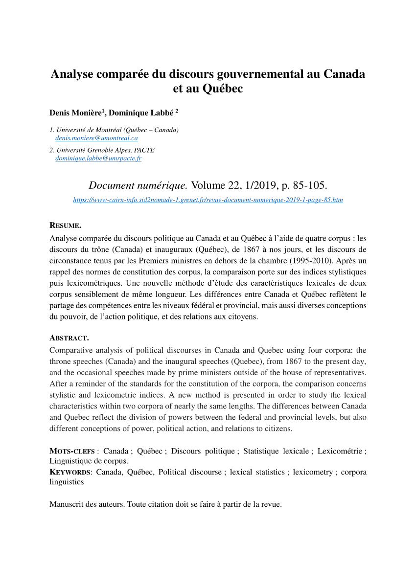 Pdf Analyse Comparee Du Discours Gouvernemental Au Canada Et Au Quebec