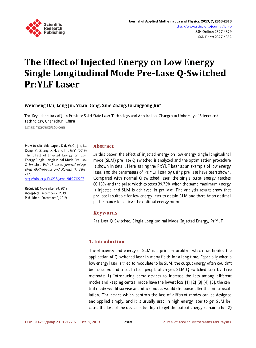 Pdf The Effect Of Injected Energy On Low Energy Single Longitudinal Mode Pre Lase Q Switched Pr Ylf Laser