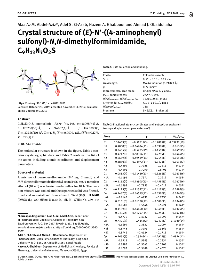 Pdf Crystal Structure Of E N 4 Aminophenyl Sulfonyl N N Dimethylformimidamide C9h13n3o2s