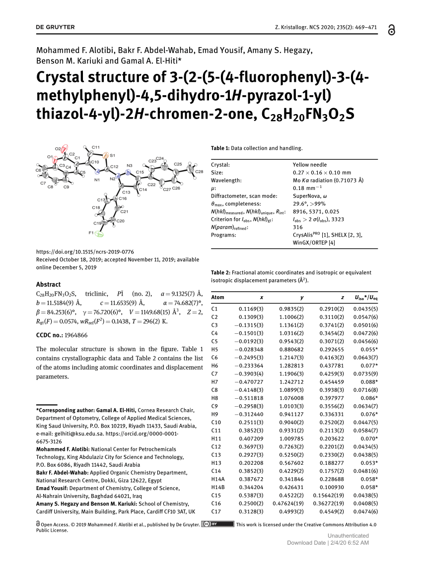 Pdf Crystal Structure Of 3 2 5 4 Fluorophenyl 3 4 Methylphenyl 4 5 Dihydro 1h Pyrazol 1 Yl Thiazol 4 Yl 2h Chromen 2 One C28hfn3o2s