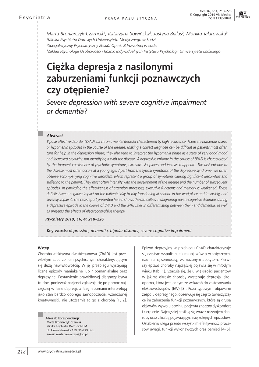 Pdf Ciężka Depresja Z Nasilonymi Zaburzeniami Funkcji Poznawczych Czy Otępienie 7958