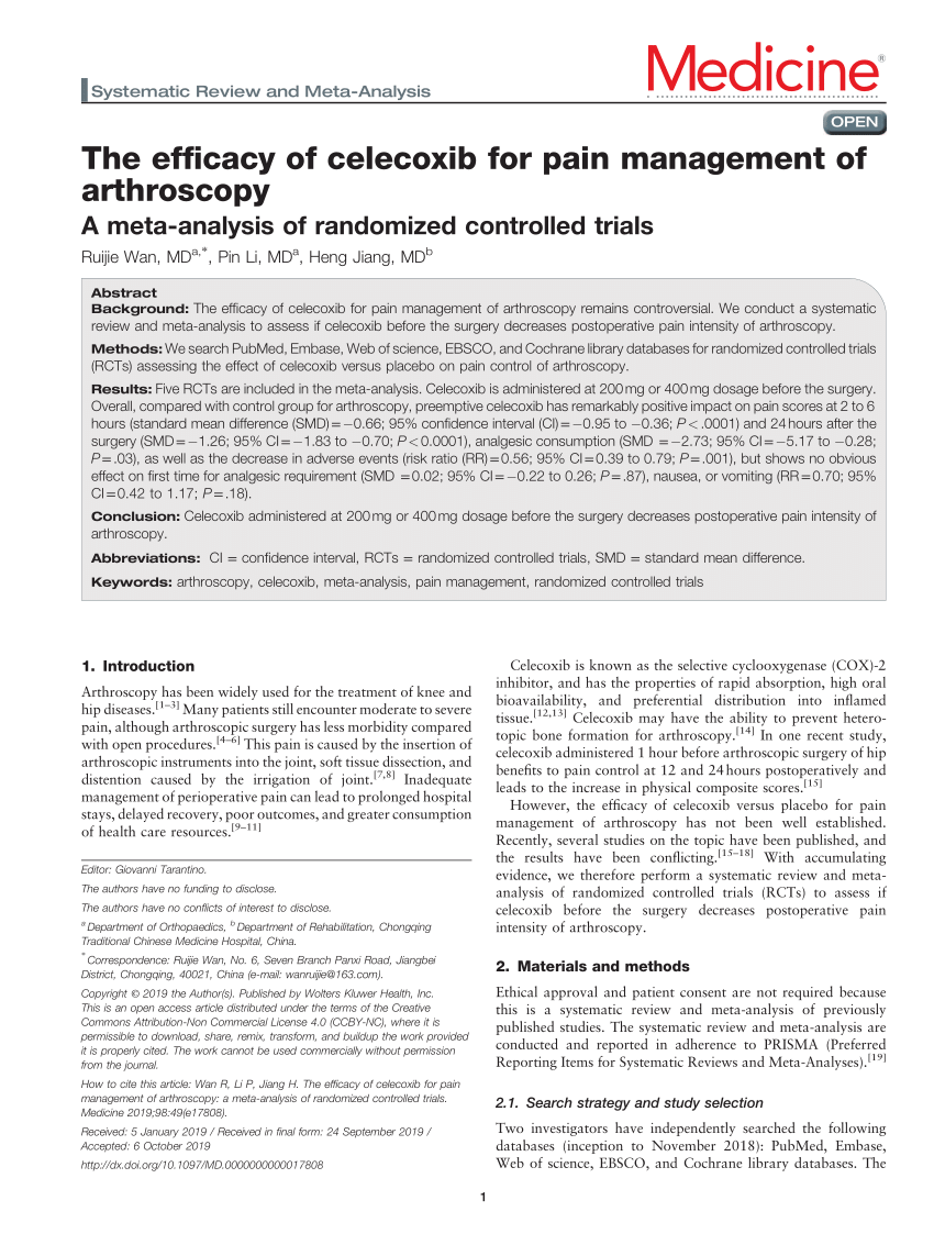 Pdf The Efficacy Of Celecoxib For Pain Management Of Arthroscopy A