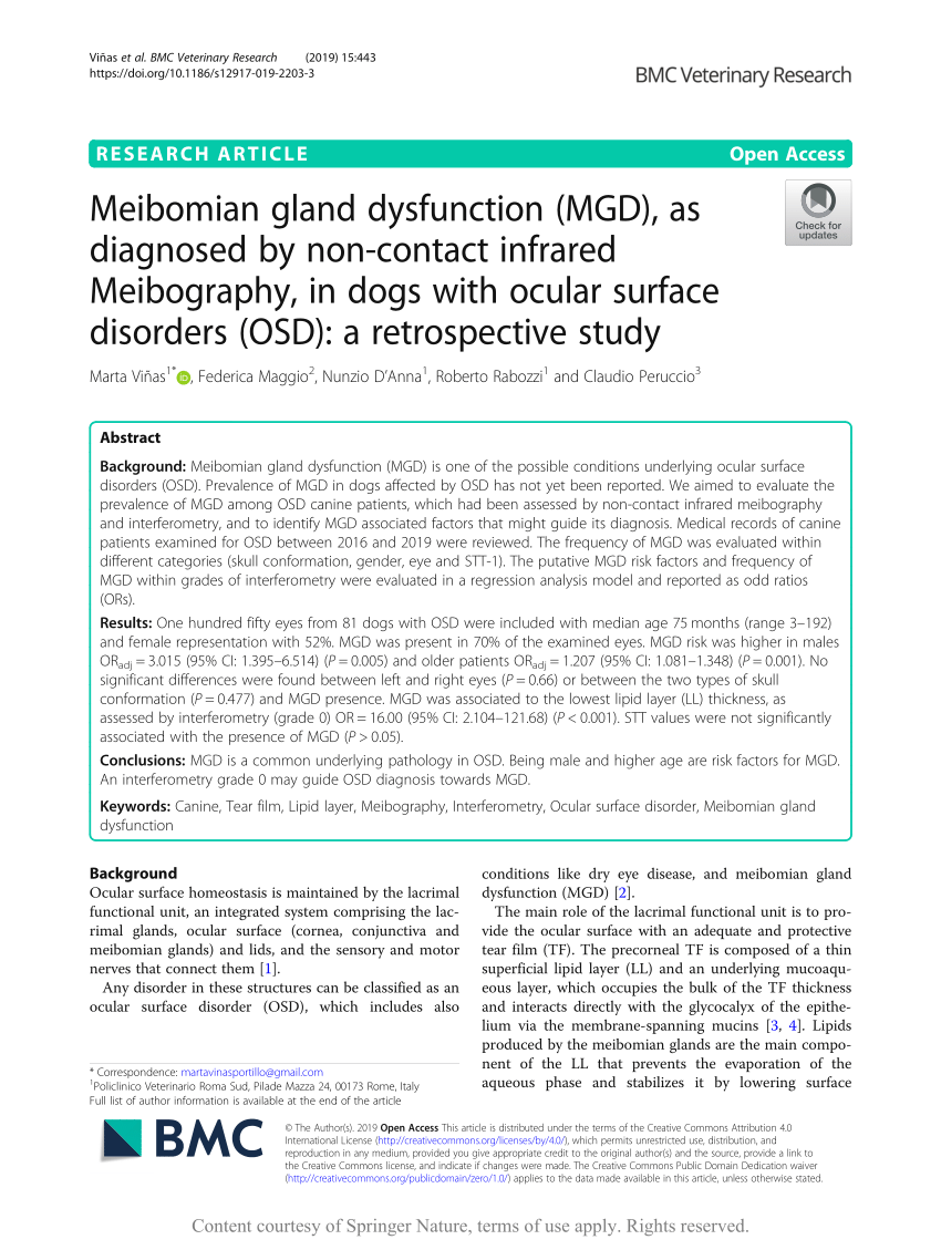 Pdf Meibomian Gland Dysfunction Mgd As Diagnosed By Non Contact Infrared Meibography In Dogs With Ocular Surface Disorders Osd A Retrospective Study