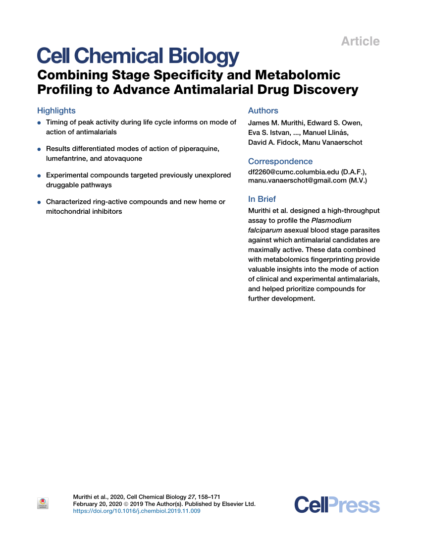 Pdf Combining Stage Specificity And Metabolomic Profiling To Advance Antimalarial Drug Discovery