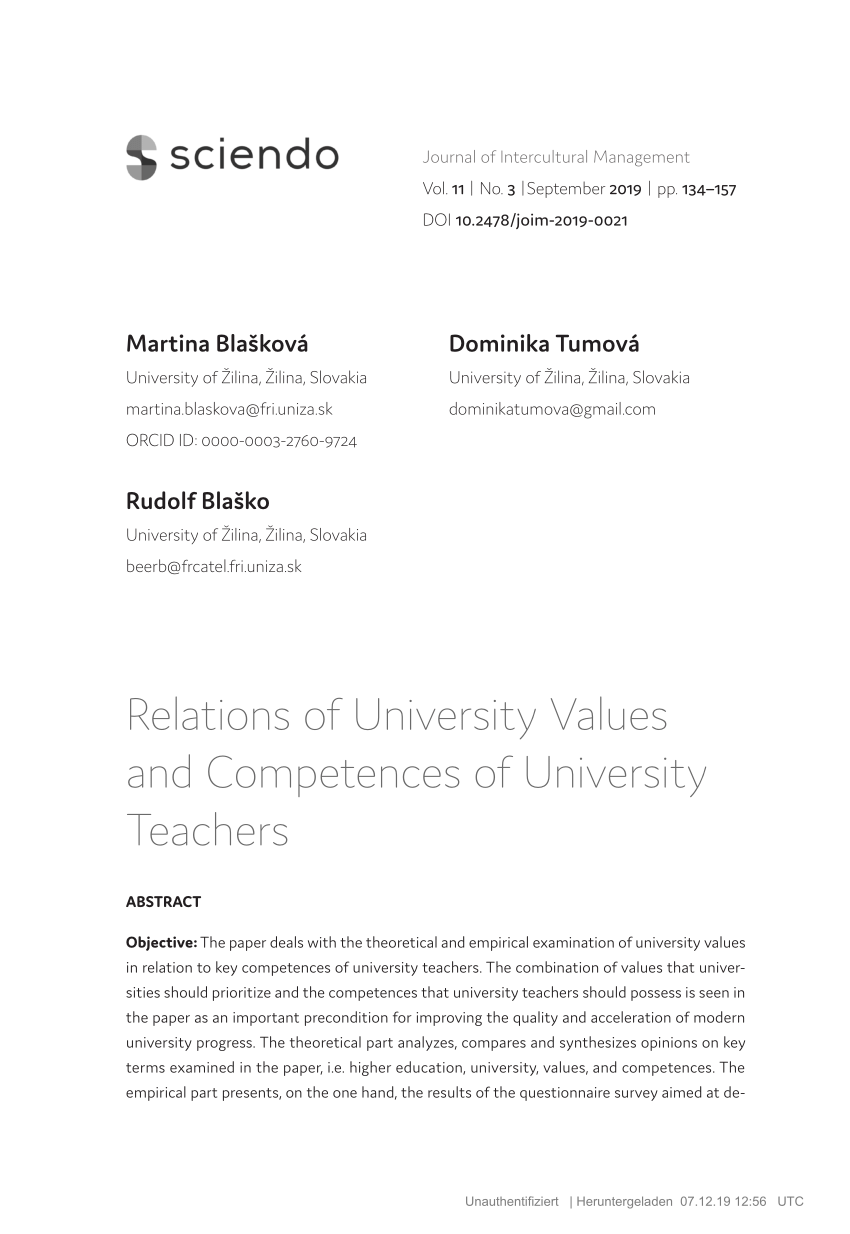 PDF Relations of University Values and Competences of University  