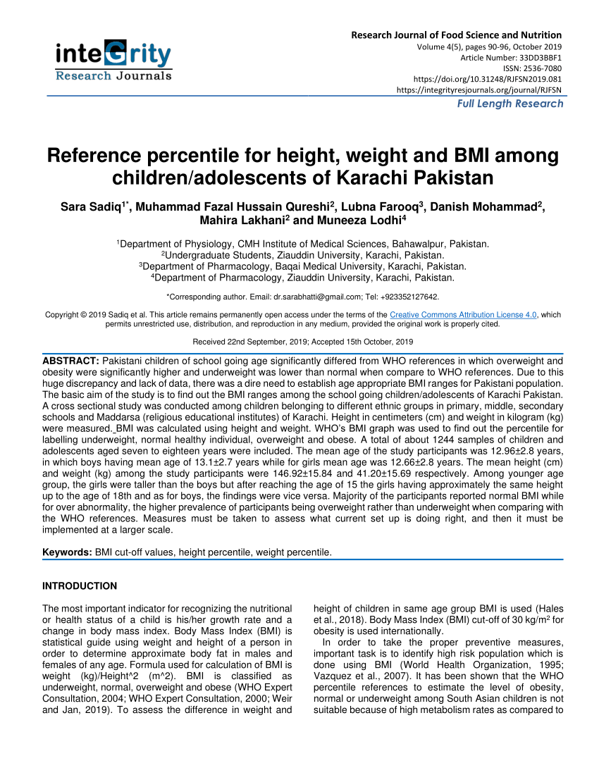 Pdf Reference Percentile For Height Weight And Bmi Among