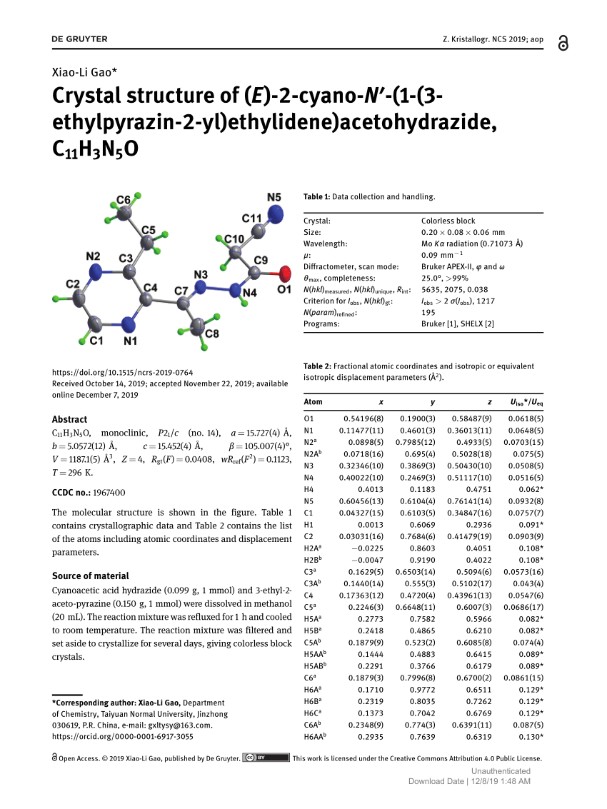 Pdf Crystal Structure Of E 2 Cyano N 1 3 Ethylpyrazin 2 Yl Ethylidene Acetohydrazide C11h3n5o