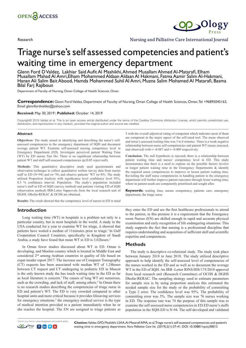 Pdf Triage Nurse S Self Assessed Competencies And Patient S Waiting Time In The Emergency Department