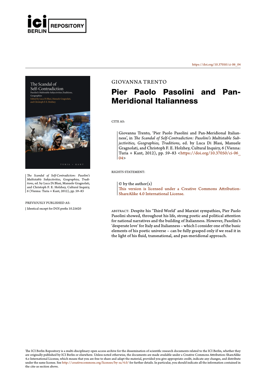 Pdf Pier Paolo Pasolini And Pan Meridional Italianness