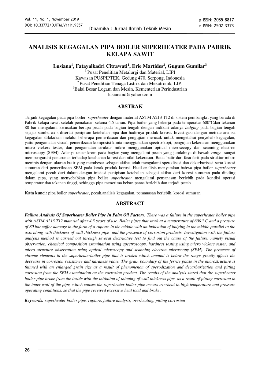Pdf Analisis Kegagalan Pipa Boiler Superheater Pada Pabrik Kelapa Sawit