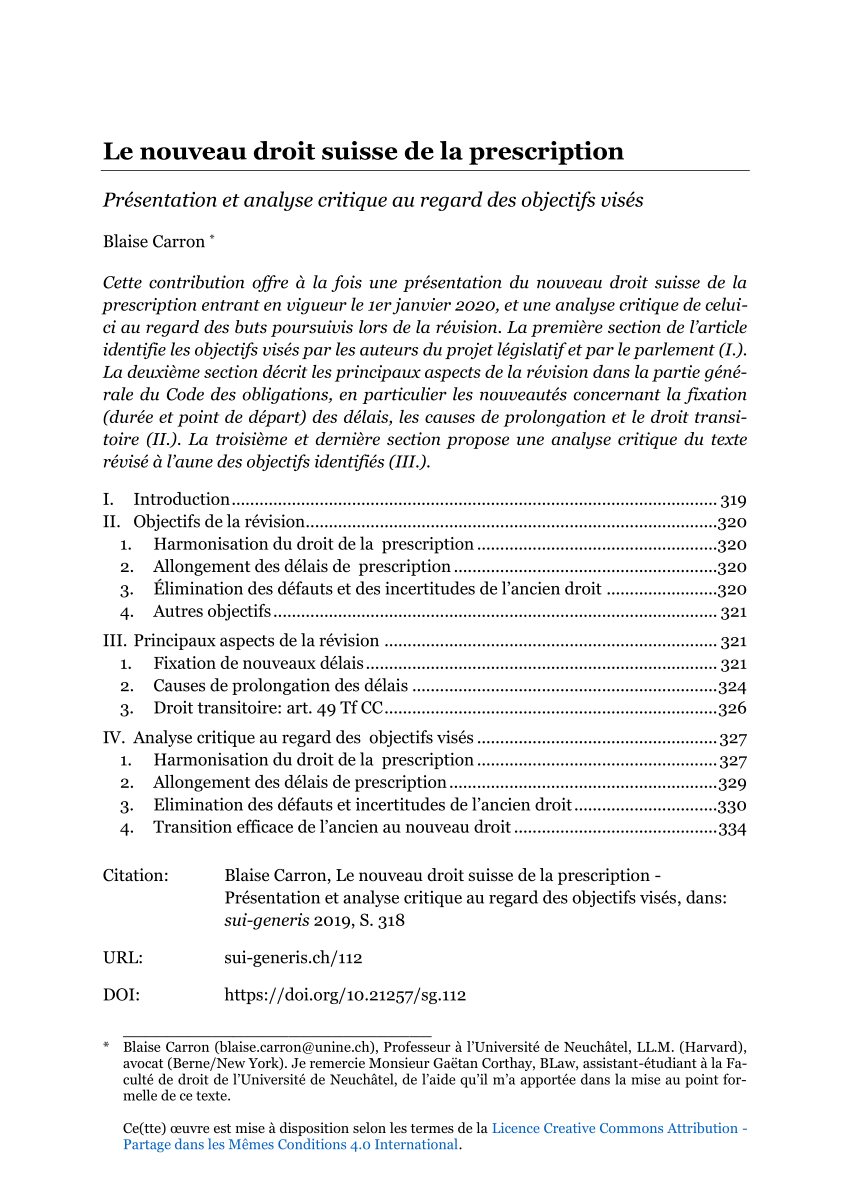 Pdf Le Nouveau Droit Suisse De La Prescription Presentation Et Analyse Critique Au Regard Des Objectifs Vises